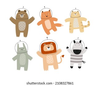 Astronaut Animal Set. Colorful Vector Illustration For Kids. Flat Style. Baby Design For Cards, Posters, T-shirt Print.