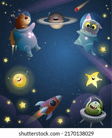 Astronaut animals cat and bear flying in space with planets and stars. Cute characters in space, astronomy science template for poster or flyer. Vector illustration for kids.