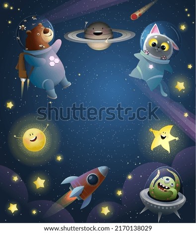 Astronaut animals cat and bear flying in space with planets and stars. Cute characters in space, astronomy science template for poster or flyer. Vector illustration for kids.