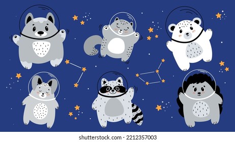 Astronaut animals, animals flying in space, children's illustrations on the space theme, spaceships, aliens, comet, planet, asteroid, space, galaxy, rocket flying into space, alien ship