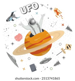 An astronaut appears from a planet with rings, a round flat illustration of a childs doodle