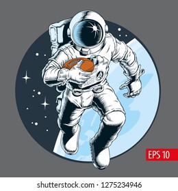 Astronaut athlete playing american football in space. Vector illustration.