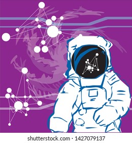 astronaut and atomic molecule web and spiral universe in violet background