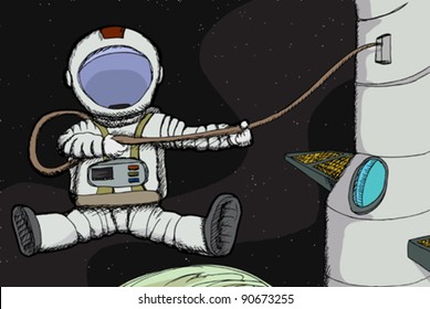 Astronaut attached to space station above a planet