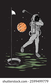 Astronaut is Attempting a Golf Swing in Outer Space hand drawn illustration vector
