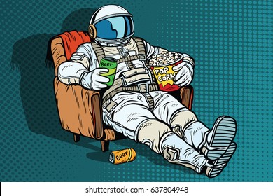 Astronaut the audience with beer and popcorn sitting in a chair. loneliness in space. Pop art retro vector illustration