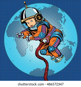 Astronaut baby Earth space. Earth day, ecology and life on the planet pop art retro vector