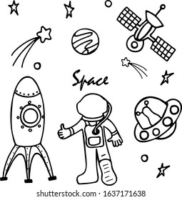 astronaut from the back, spaceship, UFO set in doodle style for thematic design.