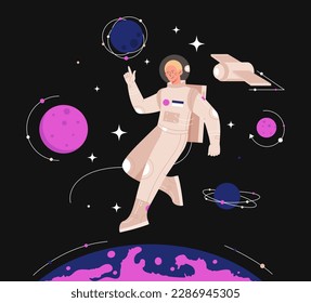 Astronauta al fondo del espacio. Hombre en el espacio vuela cerca de planetas y naves espaciales. Investigación científica y colonización. Viajes y aventuras. Galaxia y universo. Dibujo vectorial plano de dibujos animados