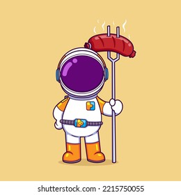 The astronaut is baking a big sausage with a long grill skewer while standing of illustration