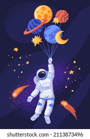 Astronaut with balloons concept. Man with spacesuit is flying in outer space. Stars and planets in universe. Design element for wall decoration and printing on fabric. Cartoon flat vector illustration