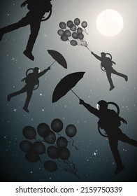 Astronaut with balloons. Flying cosmonaut outline. Man hold umbrella