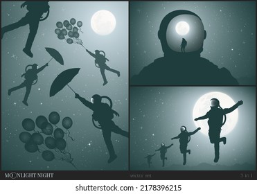 Astronaut with balloons. Flying cosmonaut team. Sci Fi. Full moon