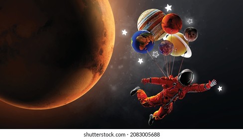 Astronauta con globos y planetas sobre el fondo de la médula y el espacio. Ilustración del vector