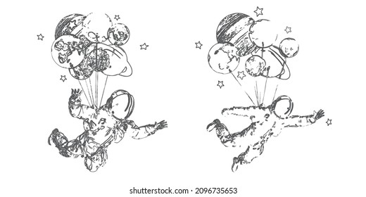 Astronaut with balloons and planets on the white background. Vector illustration