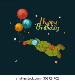 Astronaut with balloons. Postcard birthday. Vector illustration
