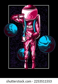 astronaut to barista in space, modern vector illustration. suitable for printing on t-shirts, merchandise, apparel, hoodies, clothes, posters, stickers.