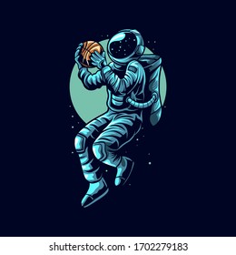 astronaut basketball slam dunk on space vector illustration