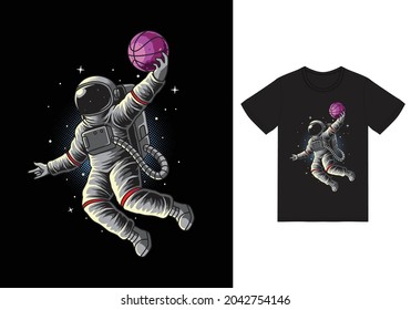 Astronaut basketball slam dunk in space illustration with tshirt design premium vector The Concept of Isolated Technology. Flat Cartoon Style Suitable for Landing Web Pages, Banners, Flyers