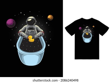 Astronaut bathing in bathtub illustration with tshirt design premium vector the Concept of Isolated Technology. Flat Cartoon Style Suitable for Landing Web Pages, Banners, Flyers, Stickers, Cards