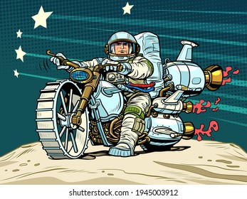 Astronauta en motocicleta espacial. Ciencia ficción. Transporte del futuro