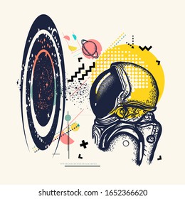 Astronaut And Black Hole. Zine Culture Style. Hand Drawn Vector Art, Fashion Contemporary Collage. Symbol Of Knowledge, Studying Universe, Science 