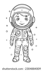 Astronaut, Black and white coloring pages for kids, simple lines, cartoon style, happy, cute, funny, The drawings in the children's coloring book are depicted in a series of different professions. 