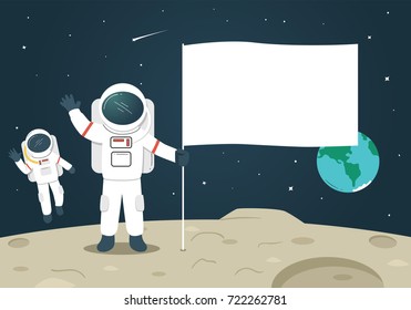 Astronaut with Blank Flag / Banner on the Moon