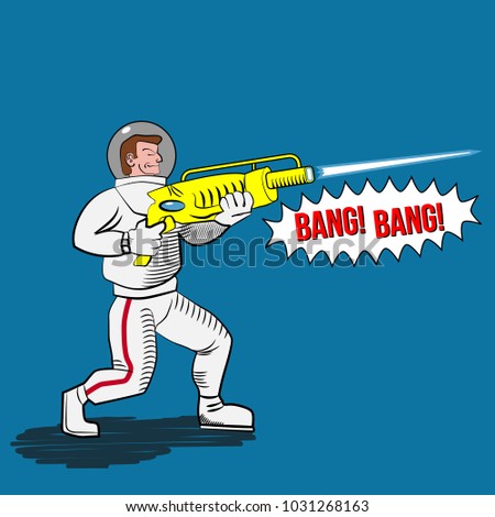 Astronaut with a blaster shoots. Vector illustration in comic style.