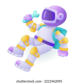Astronaut with blue spanner and backpack 3D icon. Spaceman in suit holding wrench 3D vector illustration on white background. Space, science, repair, future concept