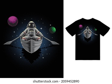 Astronaut in the boat illustration with tshirt design premium vector the Concept of Isolated Technology. Flat Cartoon Style Suitable for Landing Web Pages, Banners, Flyers, Stickers, Cards