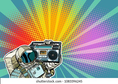 astronaut with Boombox, audio and music. Pop art retro vector illustration comic cartoon vintage kitsch drawing