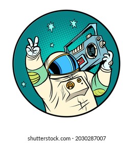 astronaut with a boombox, disco retro music, portable audio