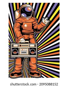 Astronaut with Boombox listening music in space.
Vector illustration.
