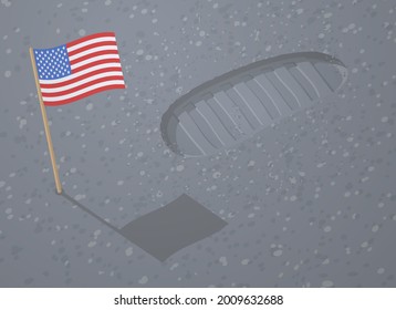 Astronaut boot footprint and American flag on Moon surface. First foot print of man in space. Vector cartoon flag of USA and spaceman step trace on alien planet sand. Track of cosmonaut shoe