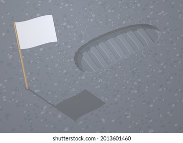 Huella de arranque astronauta y bandera blanca en blanco en la superficie de la luna. Primera huella de un hombre en el espacio. Bandera de dibujos animados vectores y traza de pasos de los hombres espaciales en la arena alienígena del planeta. Pista de zapatos de cosmonauta por satélite