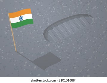 Astronaut Boot Footprint And Indian Flag On Moon Surface. First Foot Print Of Man In Space. Vector Cartoon Flag Of India And Spaceman Step Trace On Alien Planet Sand. Track Of Cosmonaut Shoe