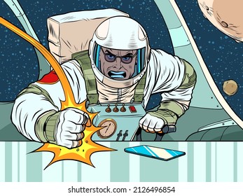 The astronaut boss hits the table with his fist. Emotions in the office. Angry boss. Pop Art Retro Vector Illustration 50s 60s Vintage kitsch style