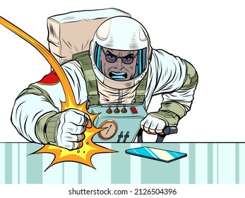 The astronaut boss hits the table with his fist. Emotions in the office. Angry boss. Pop Art Retro Vector Illustration 50s 60s Vintage kitsch style