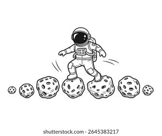Astronaut bouncing over meteors in cartoon style for fun space theme – Vector Illustration