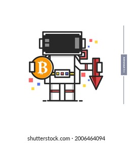 astronaut box. carrying bitcoins and arrows going down, perfect for
business,web,sticker,illustration character,vector eps 10