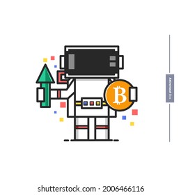 astronaut box. carrying bitcoins and rising arrows, perfect for
business,web,sticker,illustration character,vector eps 10