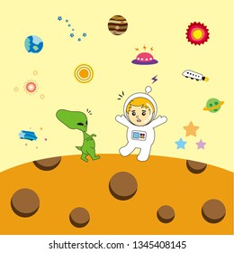 Astronaut boy and alien meet at Moon