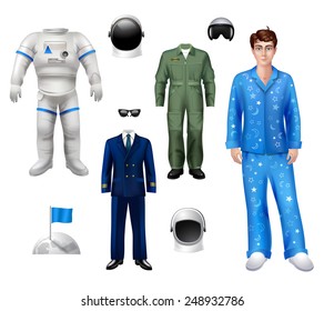 Astronaut boy character pack set with suit costume helmet isolated vector illustration