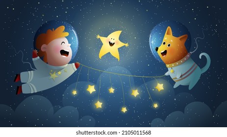 Astronaut boy and dog flying in cosmos among stars, holding stars garland. Outer space adventure poster on dark background with Kid and puppy. Vector illustration for children, watercolor style. 