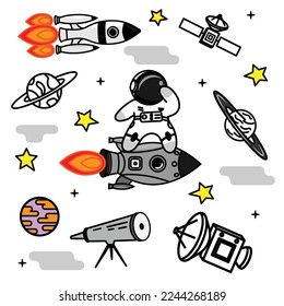 The astronaut boy flies on a rocket. Satellite, planets, spaceships. Flat graphics.
