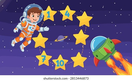 Astronaut boy floating in space educational counting activity with astronaut