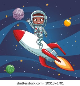 Astronaut boy flying on spaceship