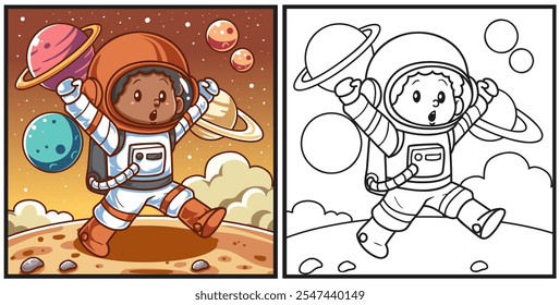 Niño astronauta dibujado a mano para colorear ilustración de página