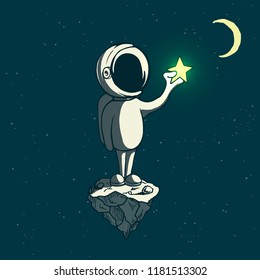 Astronaut boy keeps a shining star.Science vector illustration